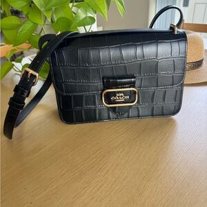 Coach Black Croc-Embossed Leather Crossbody with Gold Hardware